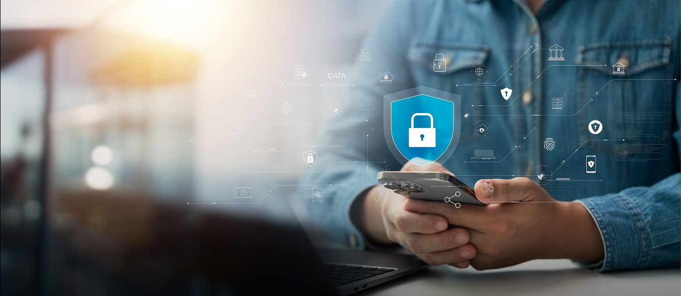 a man uses his phone securely with a lock icon and other similar security icons displayed